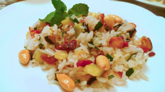 Healthy and Oriental: Rice Salad with Mint, served with Almonds, Dates and Vegetables