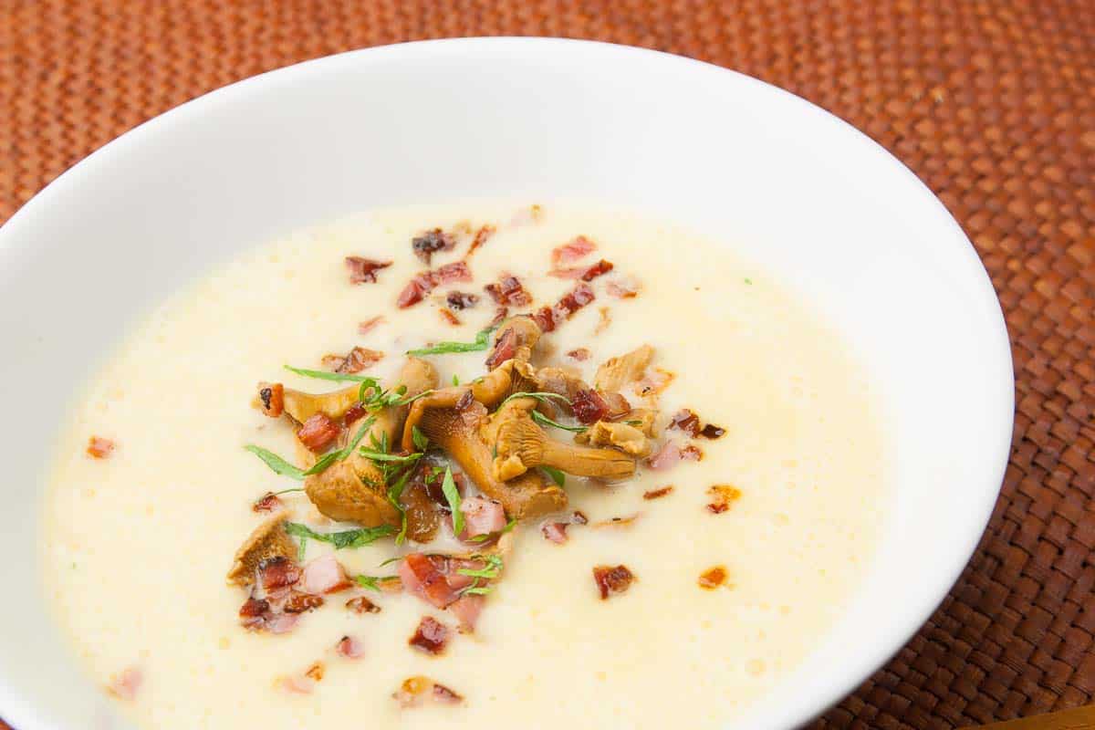 potato soup with chanterelles and mushrooms and bacon as fantastic soup