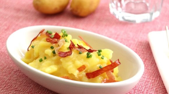bacon potato salad recipe picture arranged on a plate