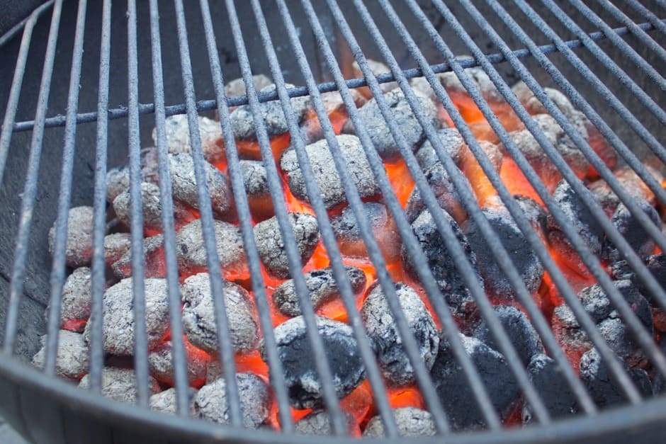 glowing, white charcoal, the ideal moment for grilling.