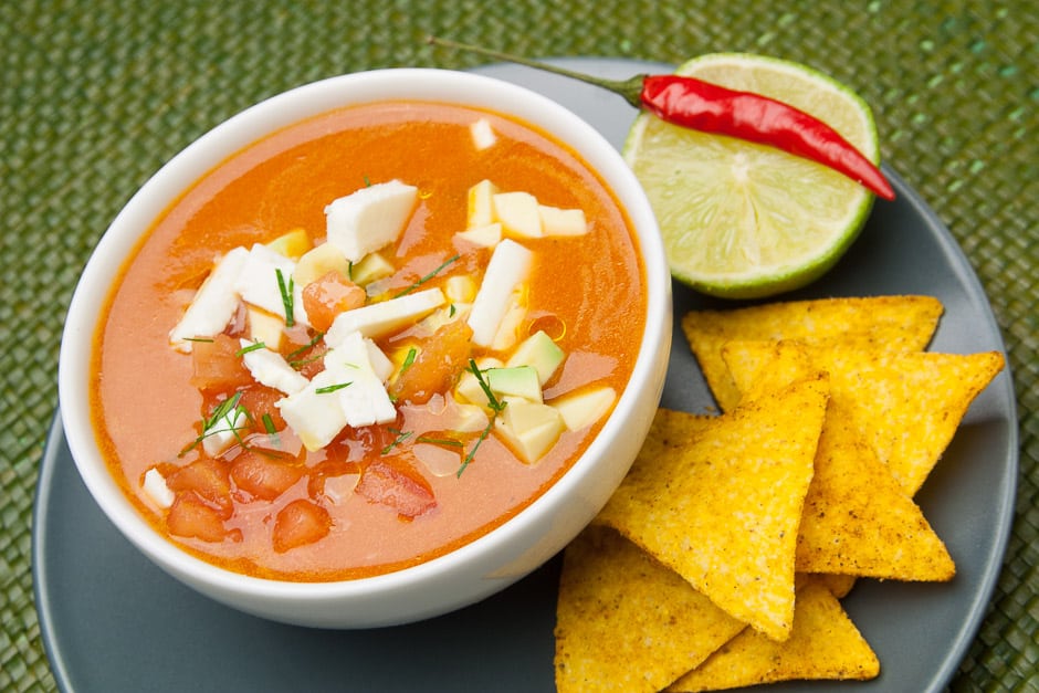 Cold tomato soup with feta cheese, diced tomatoes, avocado, lime and chili. Refreshing and exciting taste!