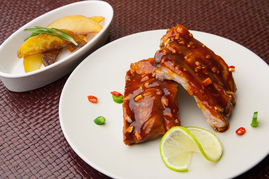 Pork ribs strongly marinated with barbecue marinade