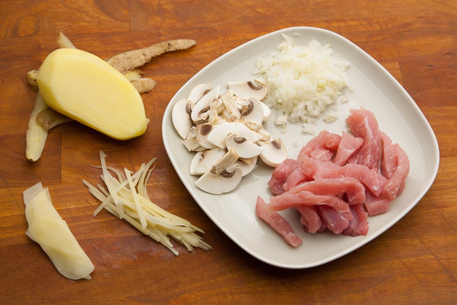 zuericher sliced ingredients meat, mushrooms, onions in cubes