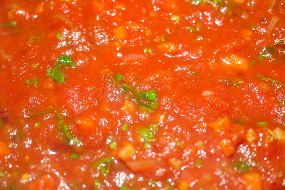 Tomato sauce for spaghetti al Amatriciana close-up