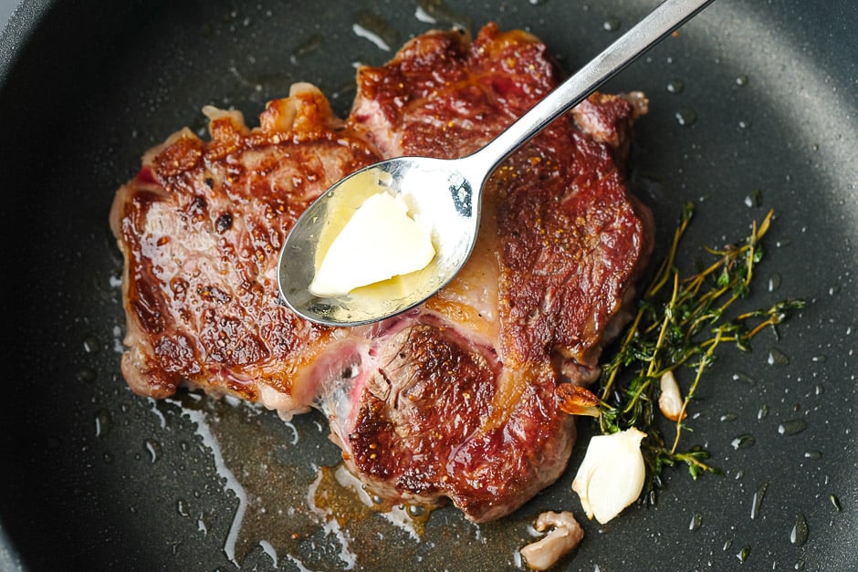 Really frying steak made easy. Finally, butter is added to the steak.