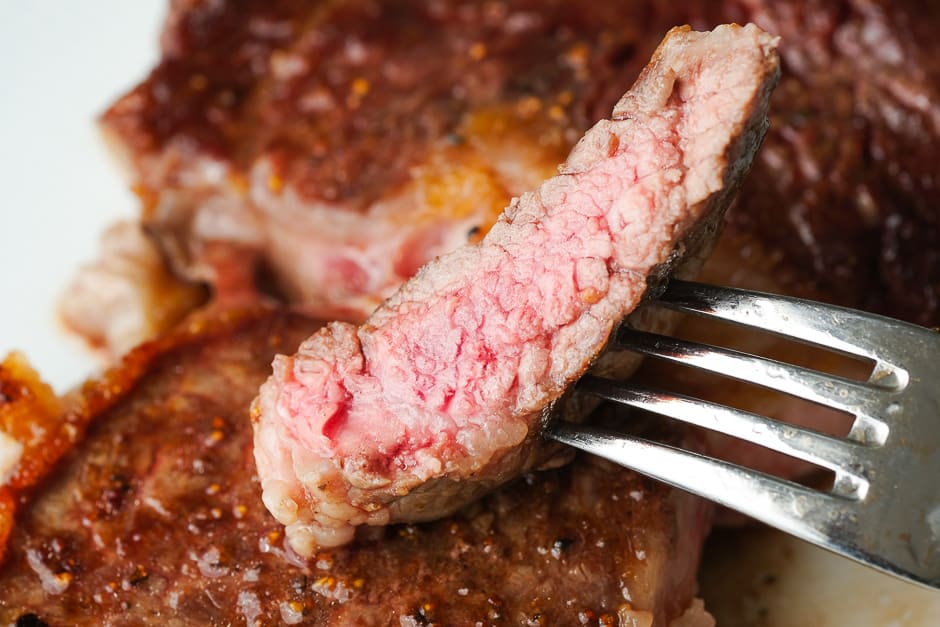 Medium fried rib eye steak.