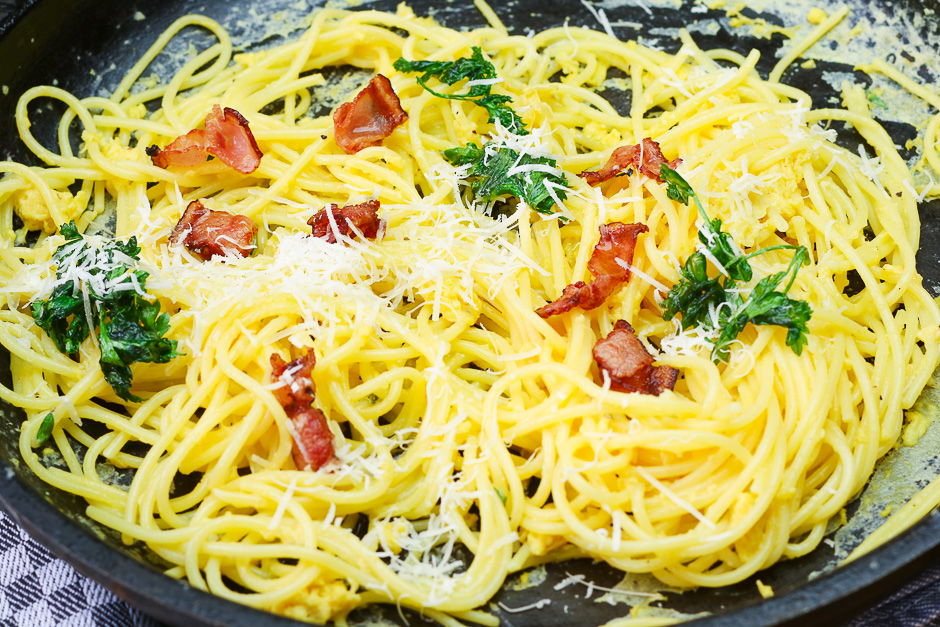 Spaghetti Carbonara photographed in a pan.