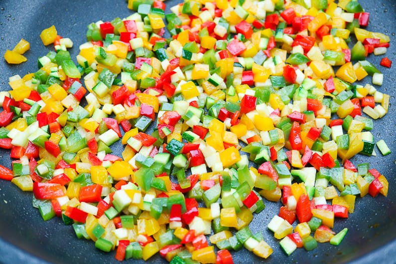 Diced vegetables when frying.