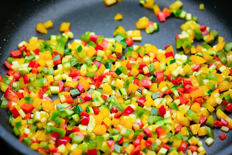 Diced vegetables for ratatouille when frying in the pan.