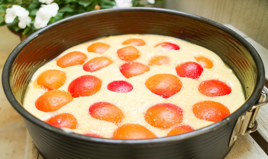 Filled apricot cake with fruits and sprinkled with sugar.