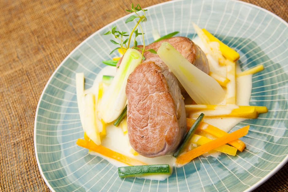Pork fillet with horseradish sauce served on root vegetables. Recipe picture by © Thomas Sixt Food photographer