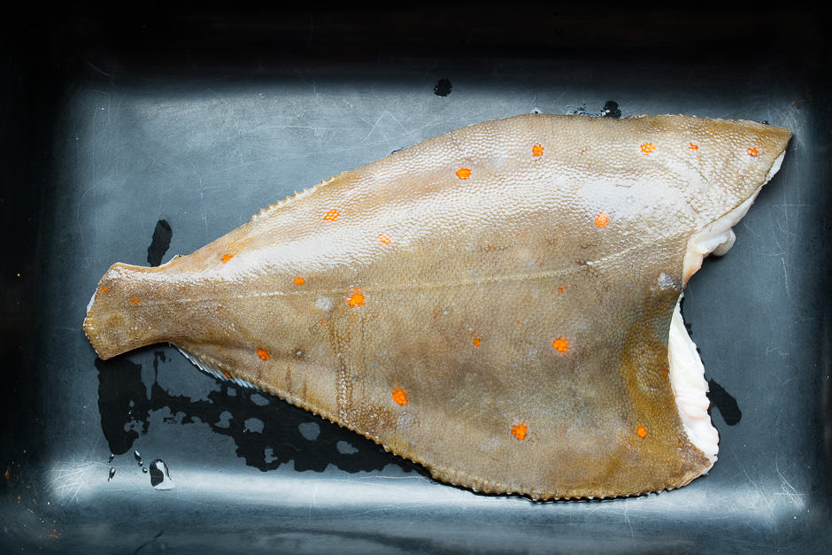 Plaice without head and without fins prepared for frying.