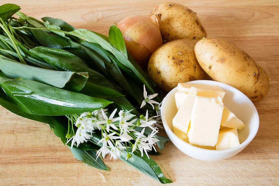 Ingredients wild garlic soup with fish and vegetables