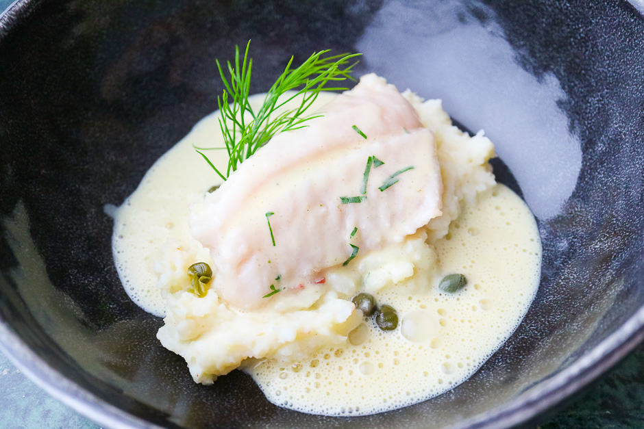 Mustard sauce recipe, here the sauce is served with the poached fish on mashed potatoes with capers and dill.