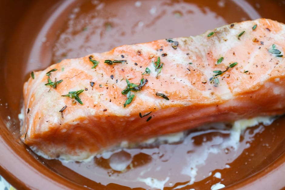 Salmon fillet cooked in the oven at 120 degrees Celsius.
