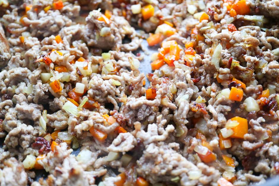 Fry the ground meat and vegetables