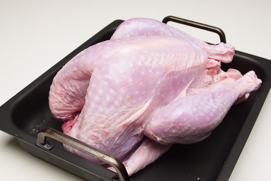 Raw turkey in the roasting pan