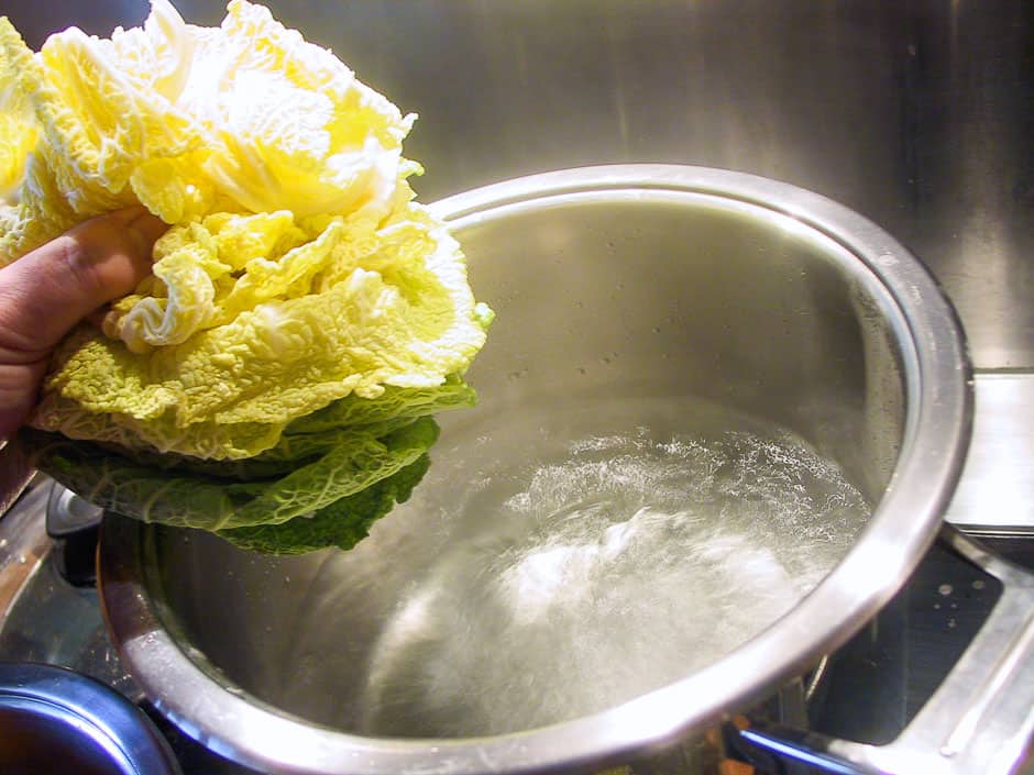 Savoy cabbage leaves and saucepan