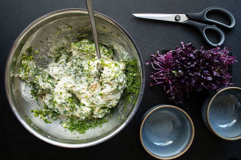 Mix freshly cream cheese with herbs