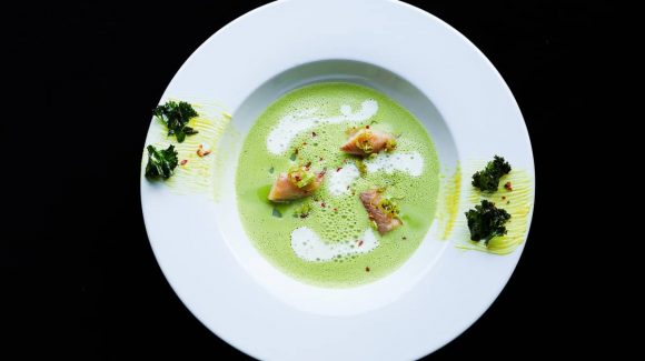 Kale soup with smoked eel and smoked foam