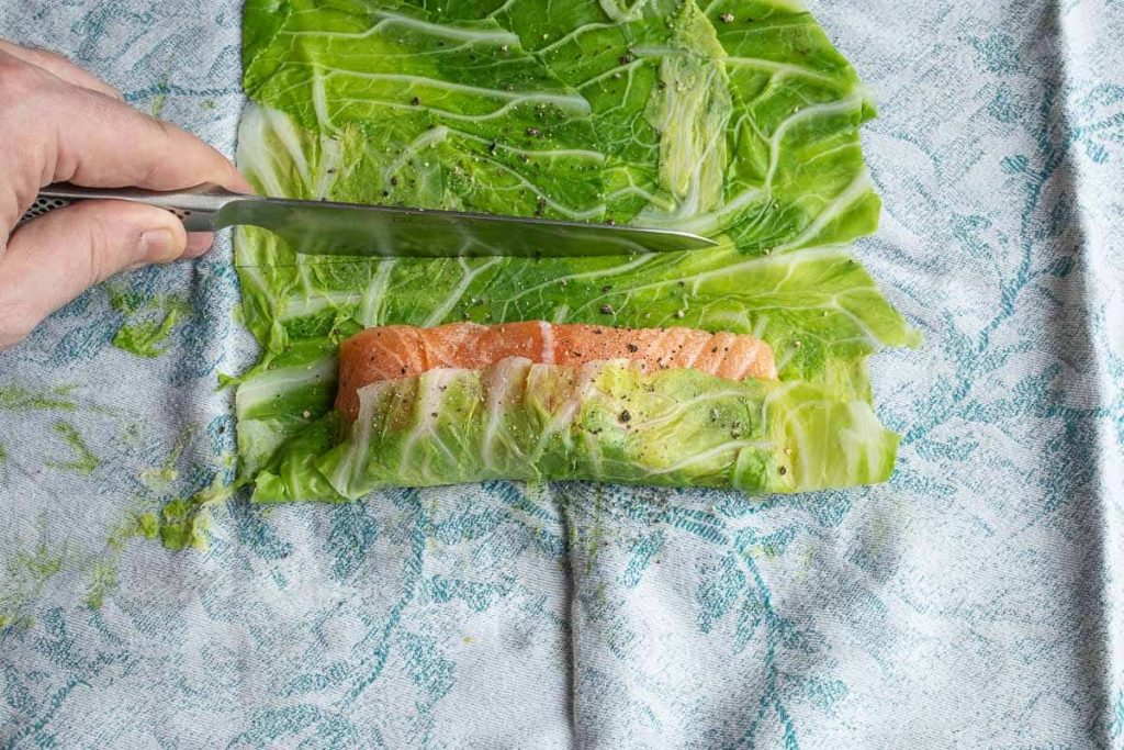 Wrap salmon in cauliflower leaf