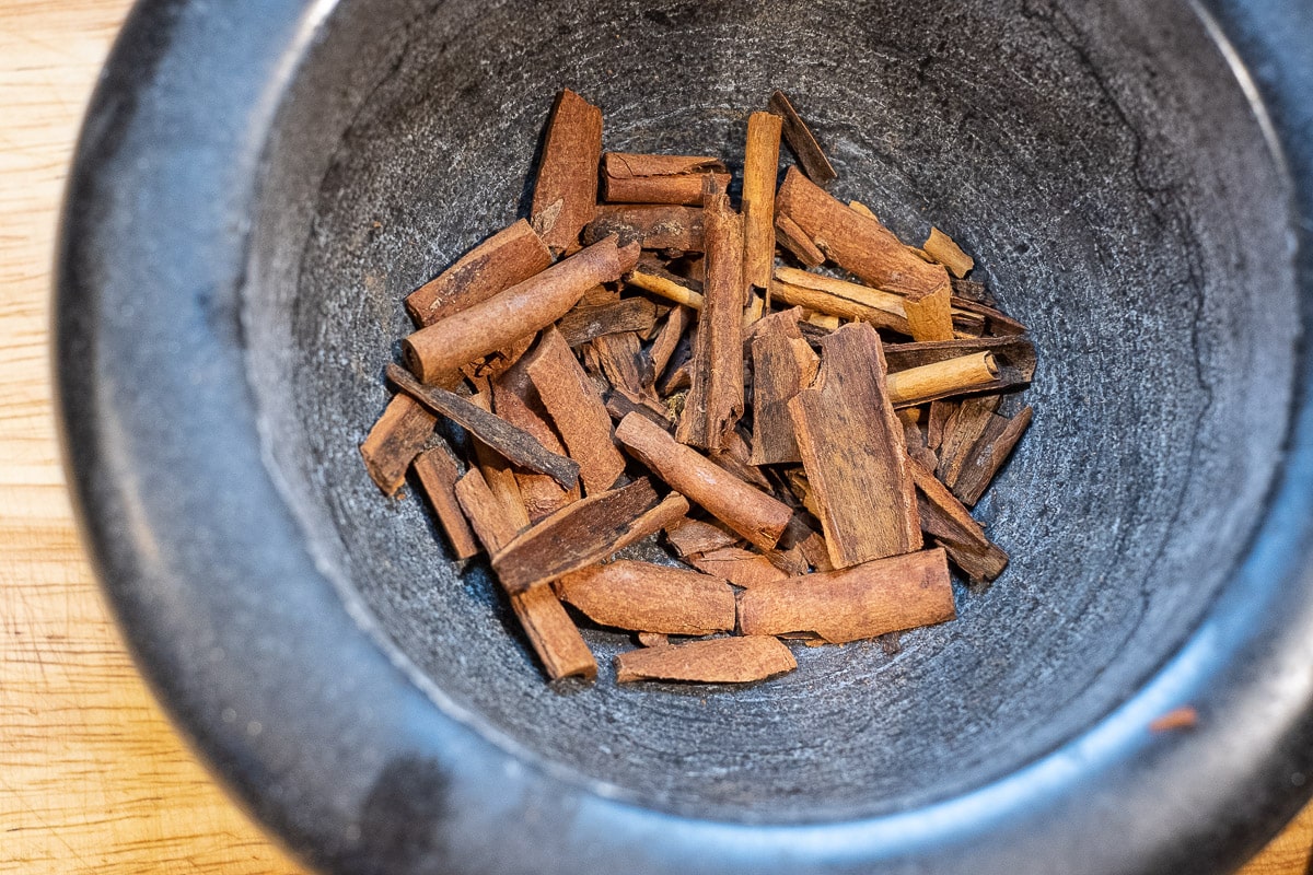 Cinnamon in a mortar