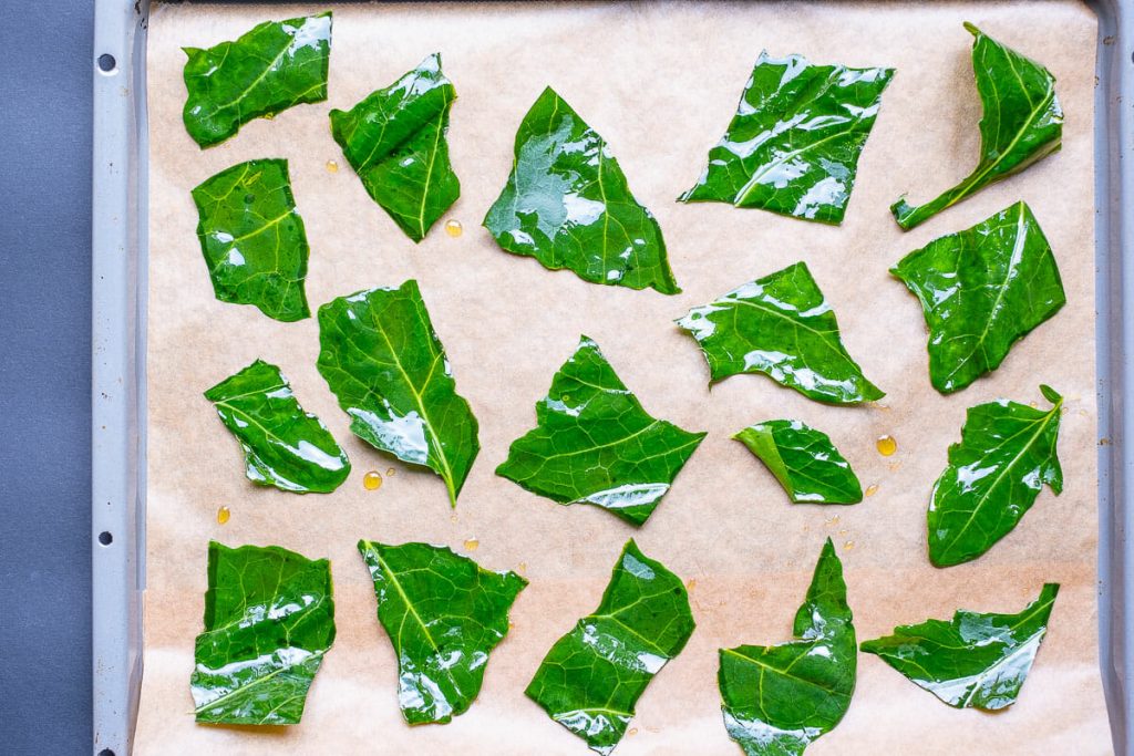 Kohlrabi leaves pieces on the sheet