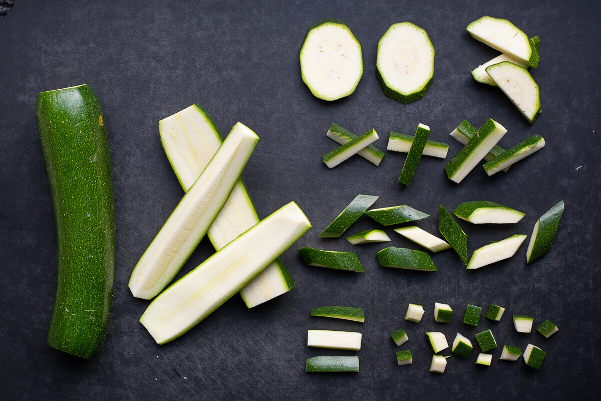 Cut types of courgette vegetables