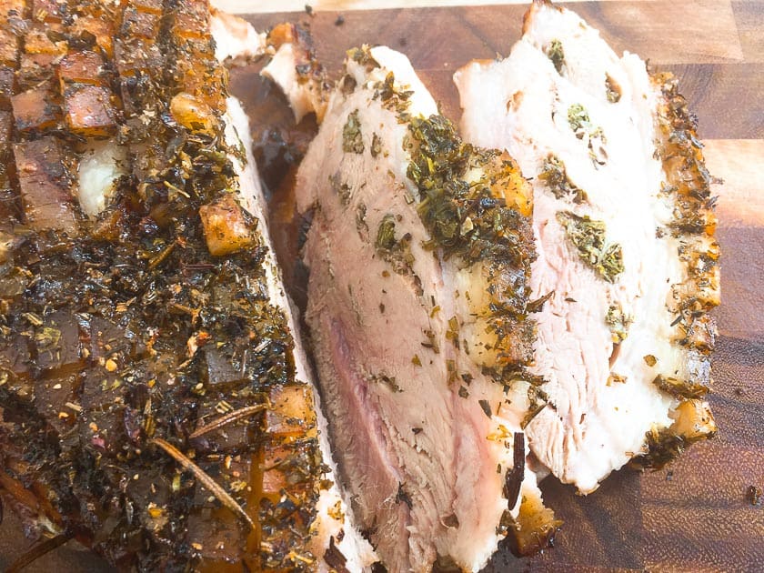 Herb roast pork when slicing