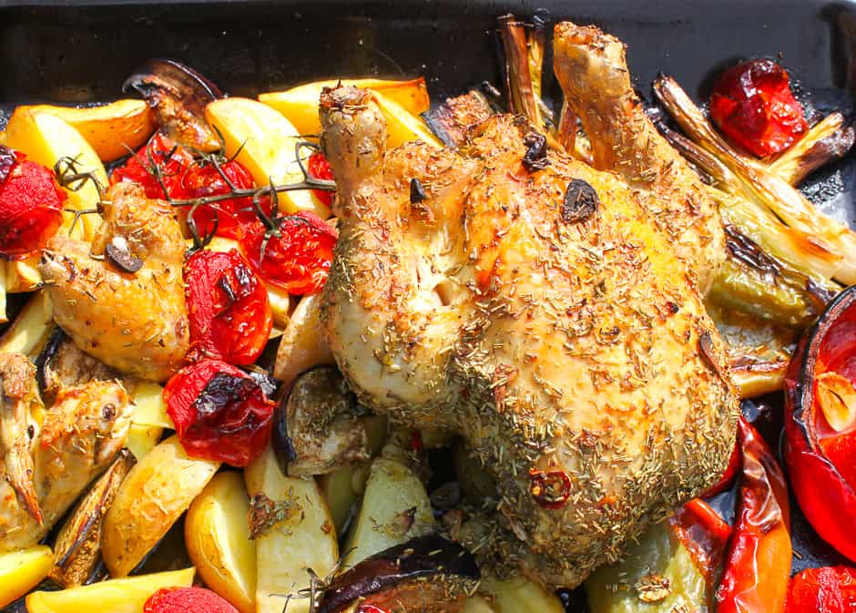 Ready-made roast chicken with vegetables.