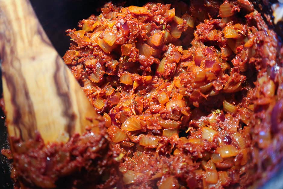 Roasted onions, tomato paste and herbs, deliciously prepared goulash starter