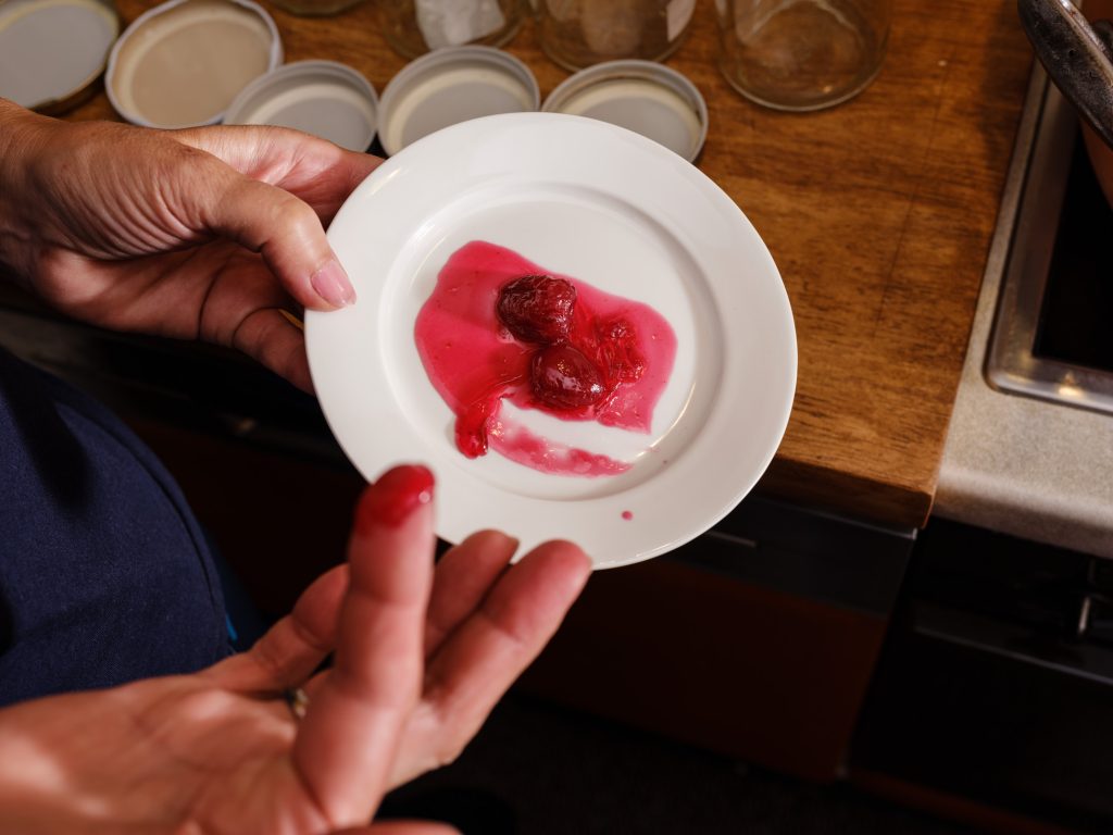 Gelling test: the cooled cherry jam on the plate.