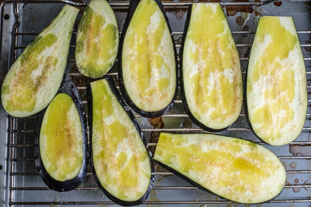 Eggplant slices on the oven rack