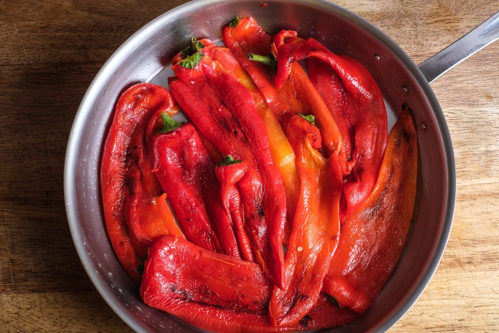 Peeled, grilled peppers