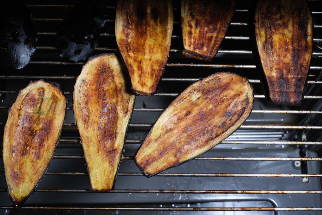 Eggplant slices fried on the oven grid